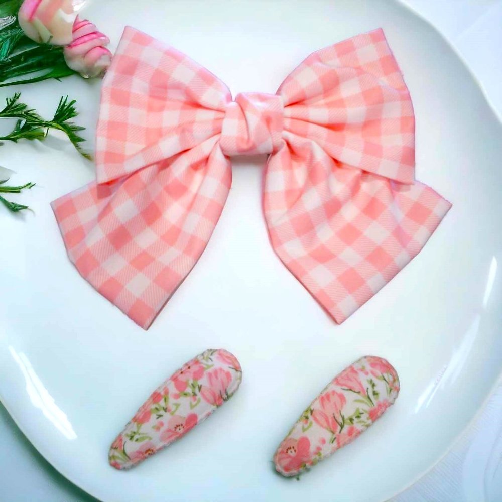Pink Checkered Floral Hair Bow Set